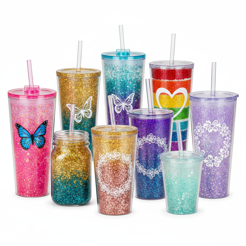 Glitter custom tumblers with colorful butterfly and heart designs, clear straws