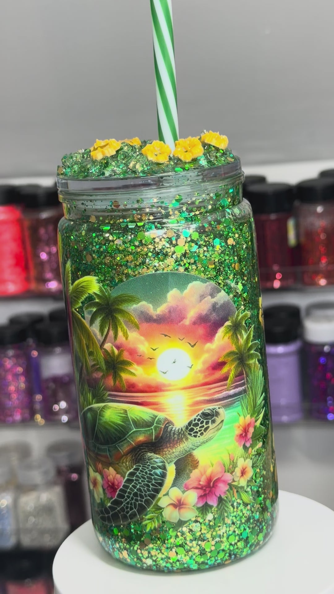 16 oz Turtle Sunset Glitter Snow Globe Acrylic Tumbler