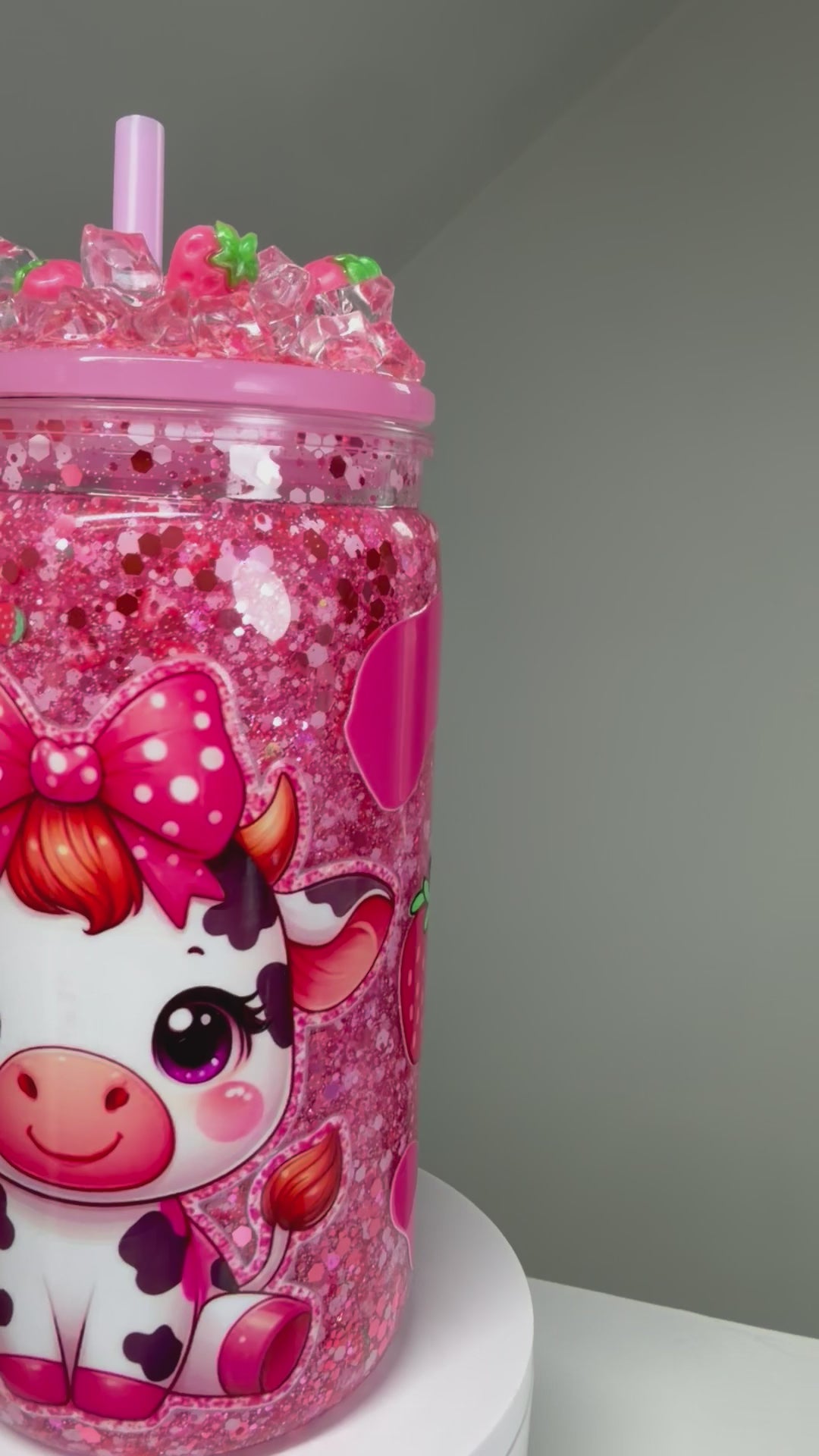 16oz Acrylic Strawberry Cow- Glitter Cup