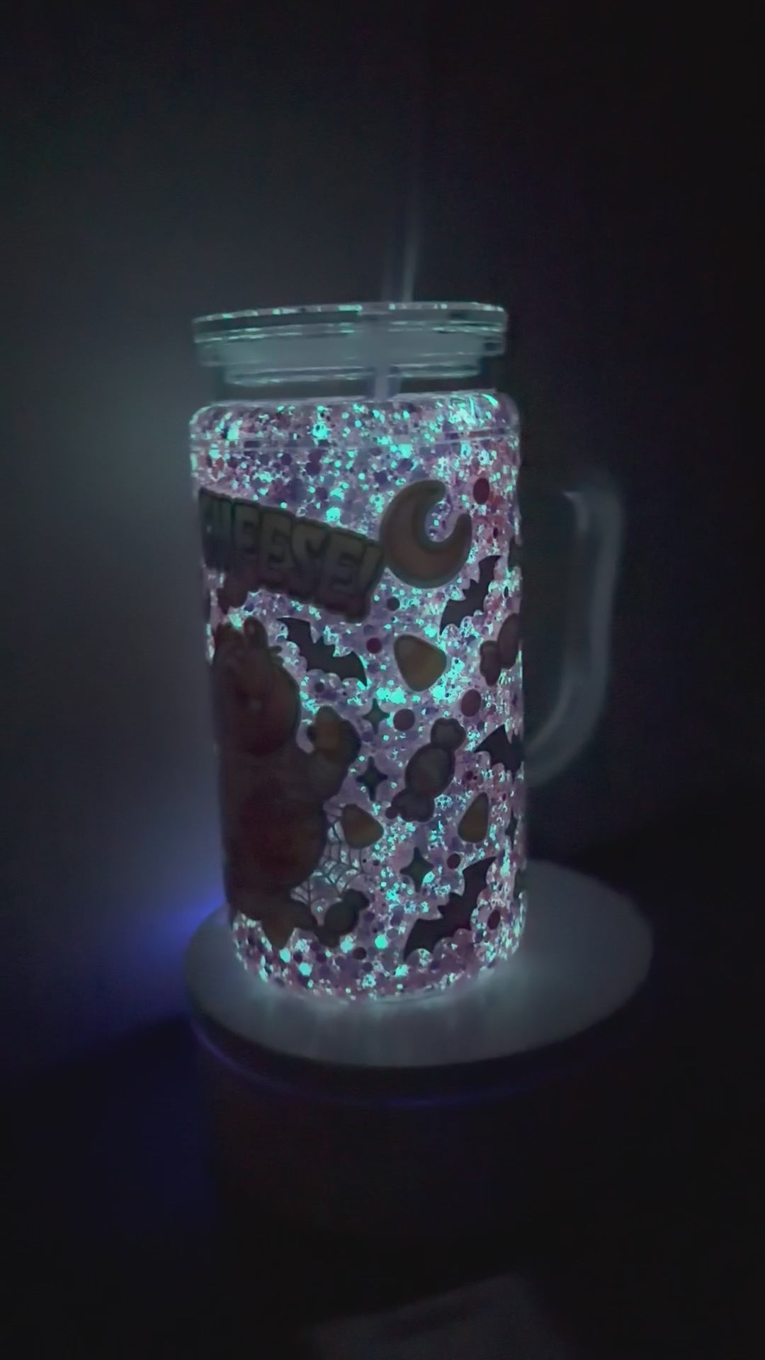 16 oz Acrylic Snow Globe Tumbler with Handle | Trick or Cheese Glow Glitter