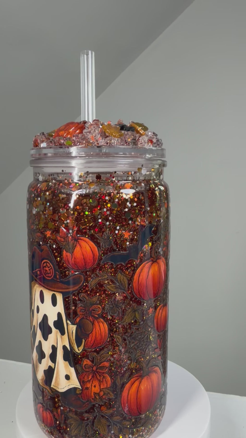 Cowboy Ghosts & Pumpkins 16 oz Halloween Snow Globe Tumbler
