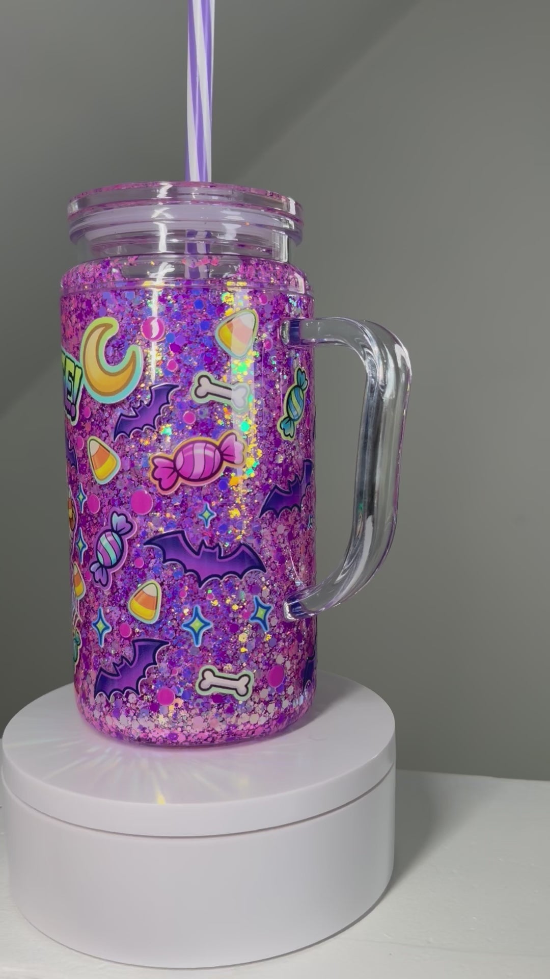 16 oz Acrylic Snow Globe Tumbler with Handle | Trick or Cheese Glow Glitter