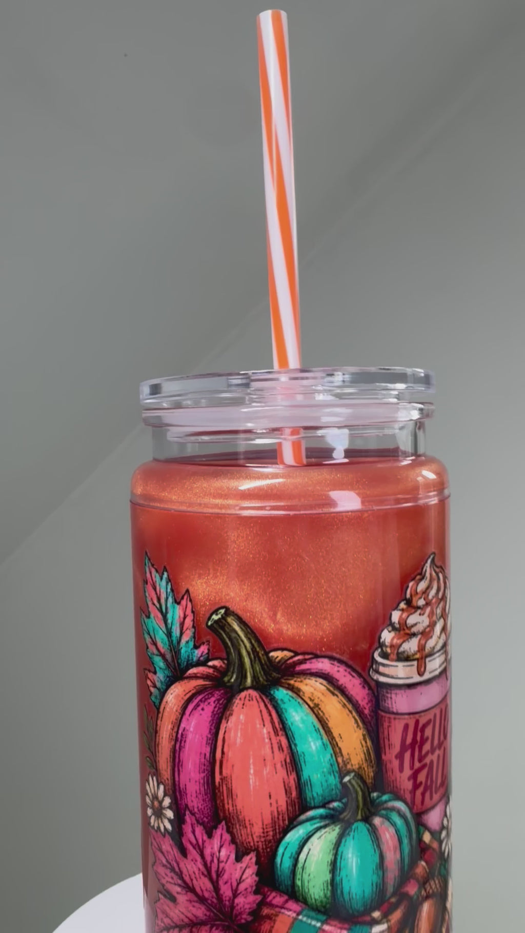 16 oz Acrylic Snow Globe Tumbler with Handle | Hello Fall Leaves & Pumpkins