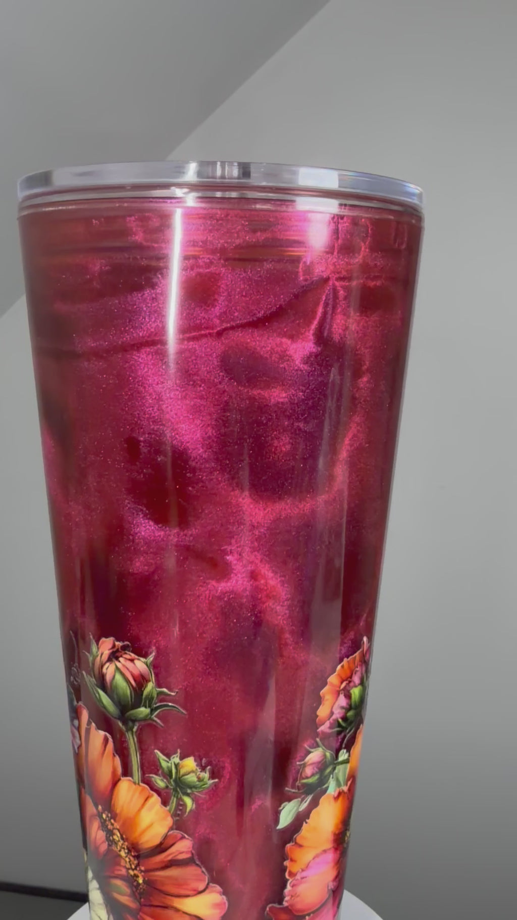 24 oz Acrylic Snow Globe Tumbler | Color-Shifting Maroon Mica & Floral Decal